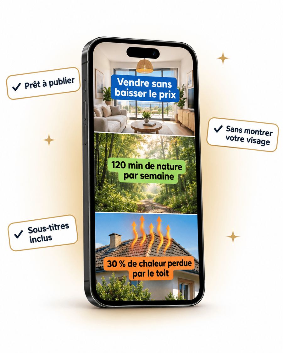 Un téléphone montrant trois Reels illustrés avec sous-titres : immobilier, bien-être et rénovation